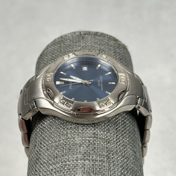 Pulsar Watch Mens 38mm Date Blue Dial Silver Tone 8" Rotating Bezel New Battery - Picture 2 of 10